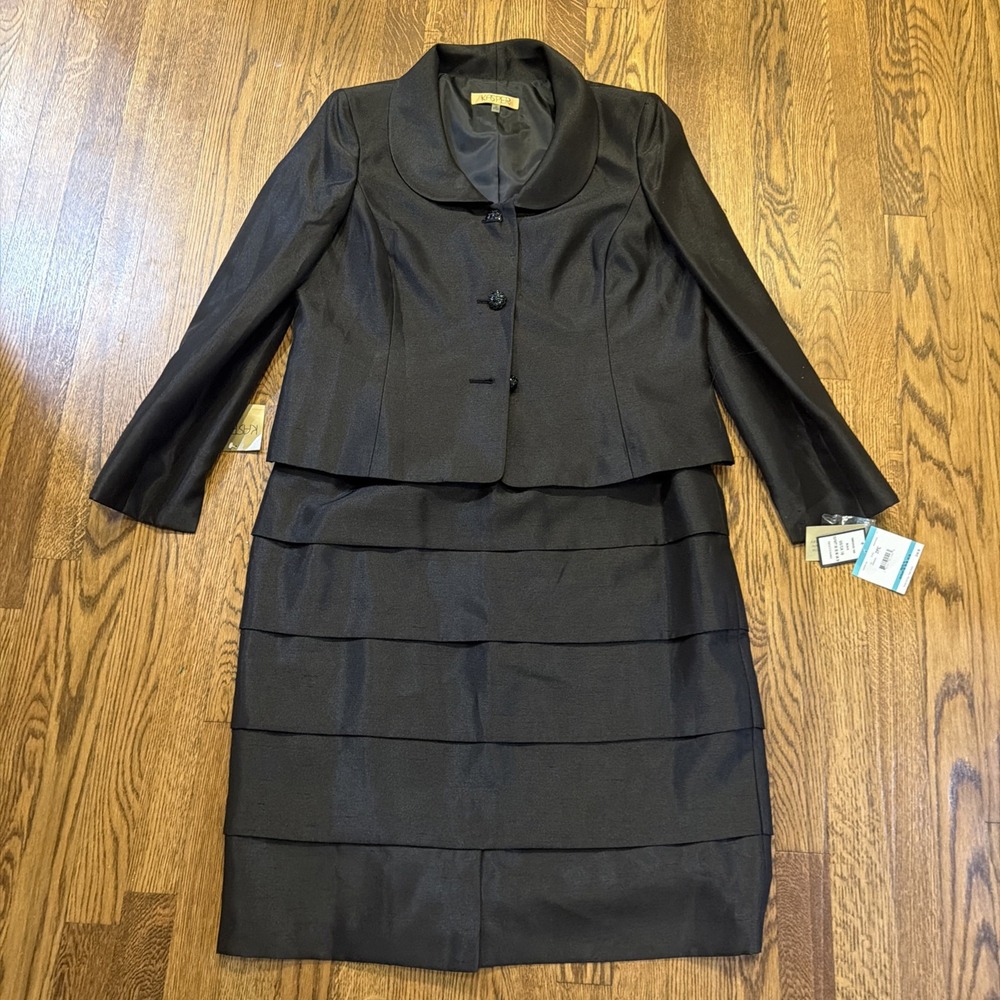 NWT Kasper 2 Pc Skirt Suit Women's Size 16 Black Shimmer Tiered Work Wedding